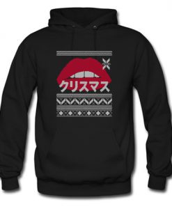 Red Lips Ugly Christmas Holiday Kiss and Japanese Kanji Hoodie