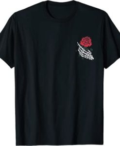 White Skeleton Hand Holding a Red Rose Pocket Print T-Shirt